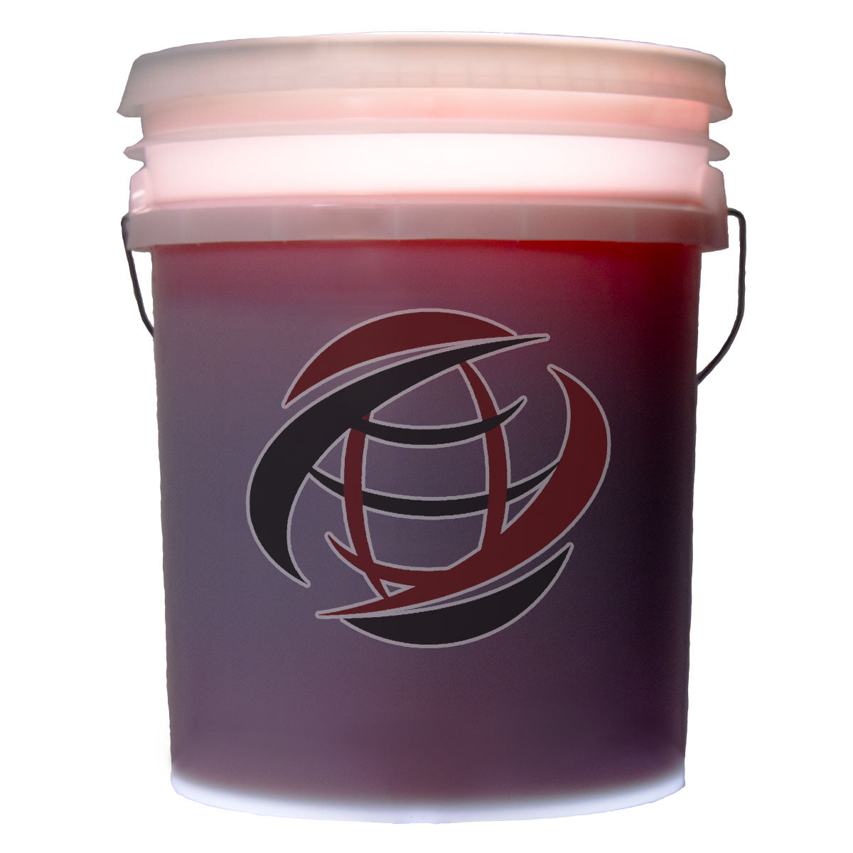 Semi-transparent five gallon heavy plastic pail with metal wire handle of Denver Oil's Automatic Transmission Fluid, bright red in color.