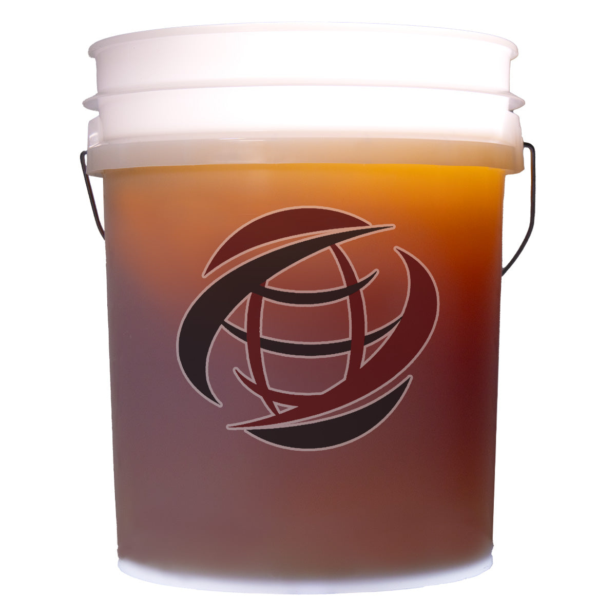 Semi-transparent five gallon heavy plastic pail with metal wire handle of Denver Oil's Super Pro Max Synthetic Blend 5W-30 motor oil, gold in color.