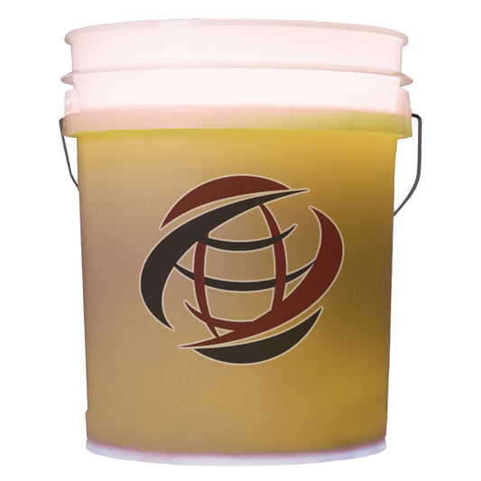 Semi-transparent five gallon heavy plastic pail with metal wire handle of Denver Oil's 6905 cleaning degreaser, light yellow in color.