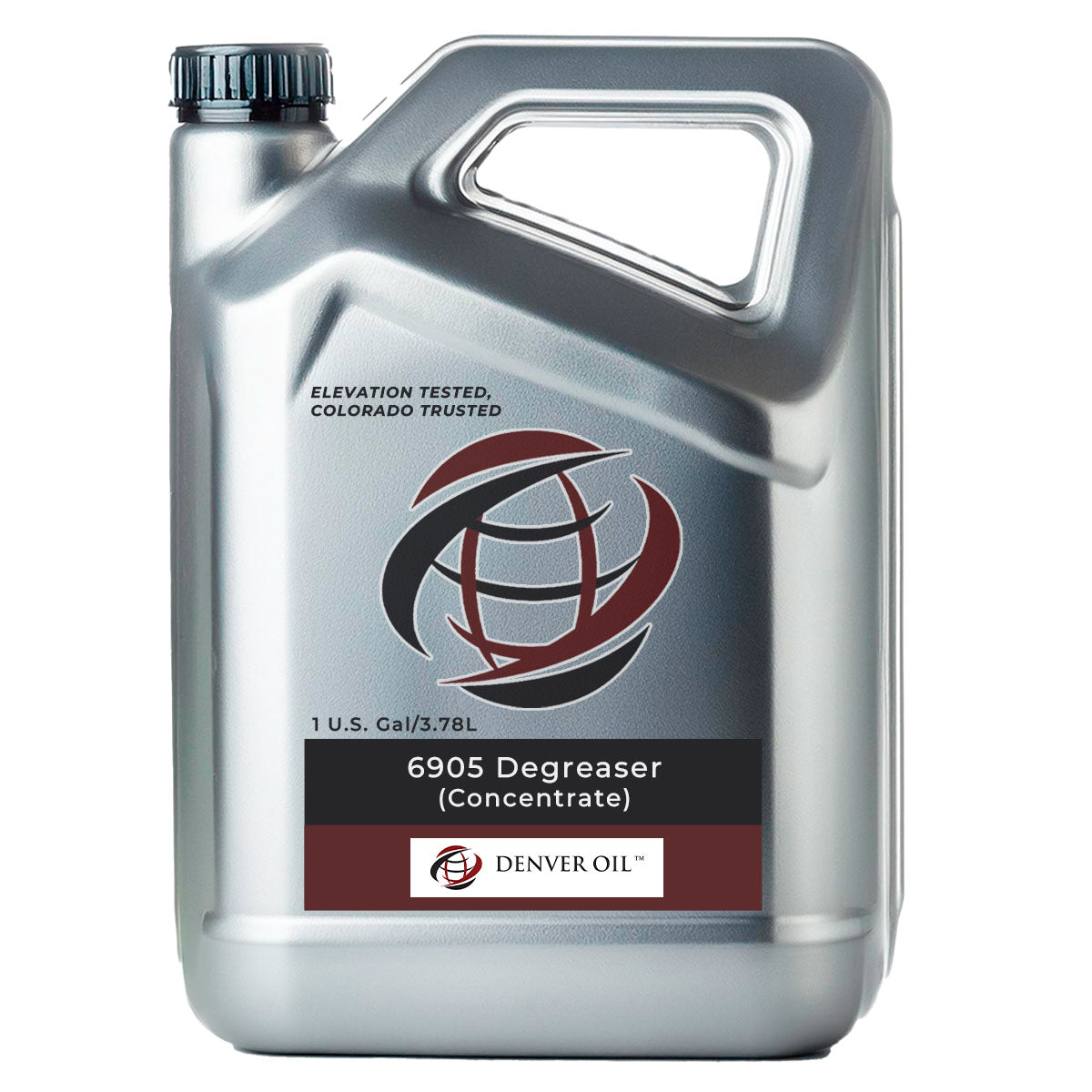 One gallon of Denver Oil's 6905 concentrated cleaning degreaser in a grey, plastic container with cap.