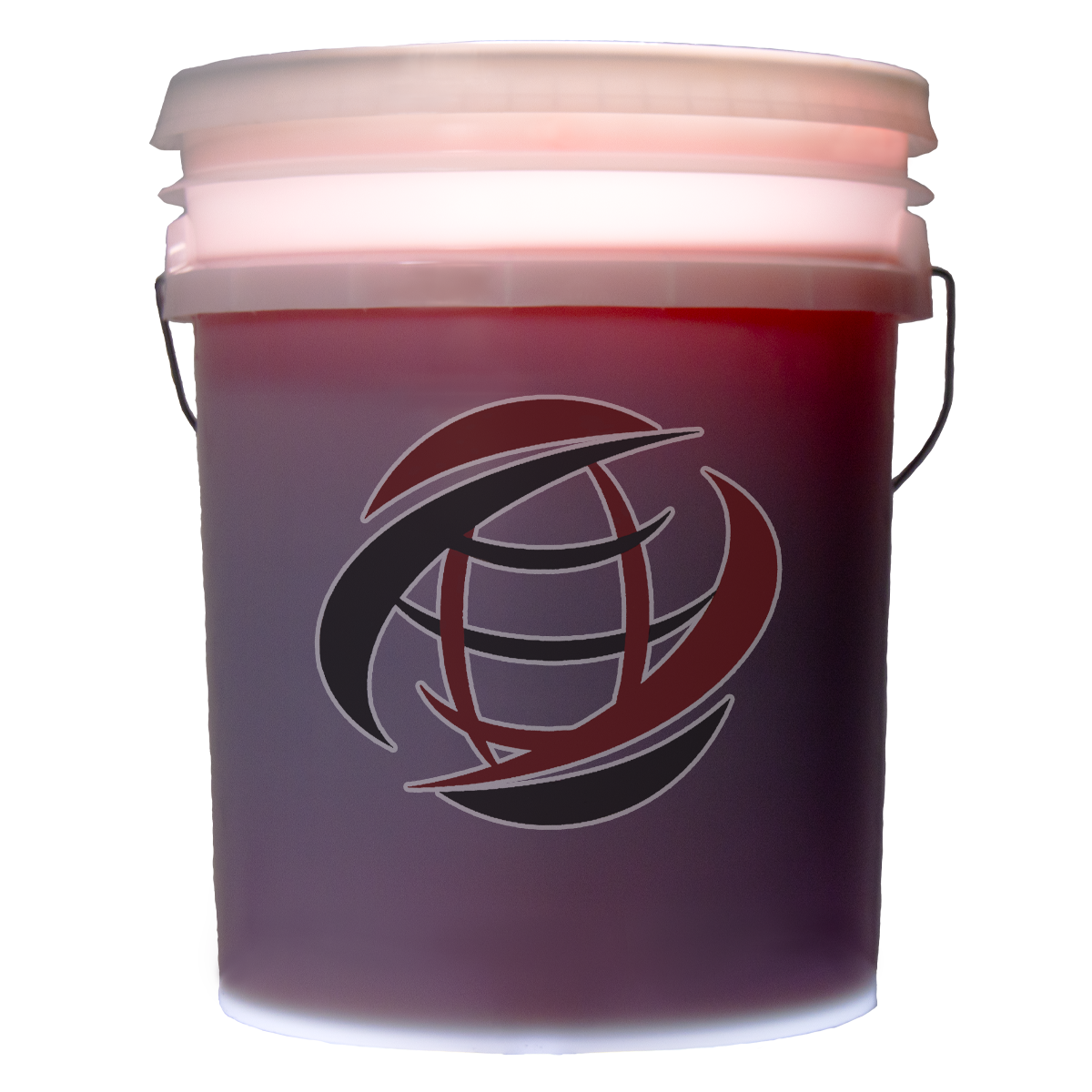 Semi-transparent five gallon heavy plastic pail with metal wire handle of Denver Oil's AW46 hydraulic fluid, bright maroon in color.