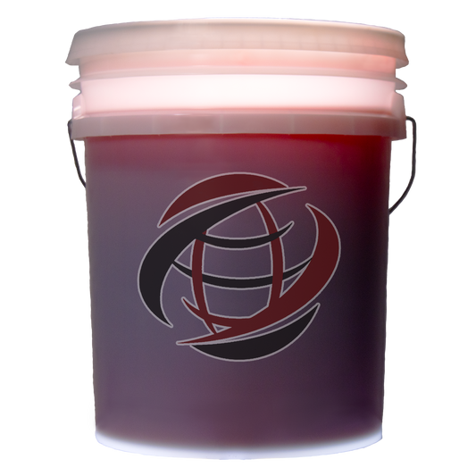 Semi-transparent five gallon heavy plastic pail with metal wire handle of Denver Oil's AW46 hydraulic fluid, bright maroon in color.